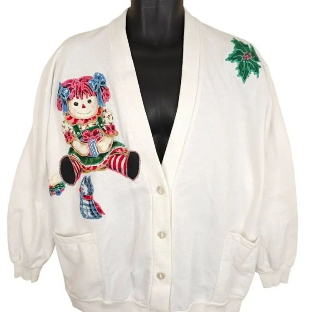 Vintage Raggedy Anne Christmas Cardigan Sweatshirt Womens Size XL Made In USA